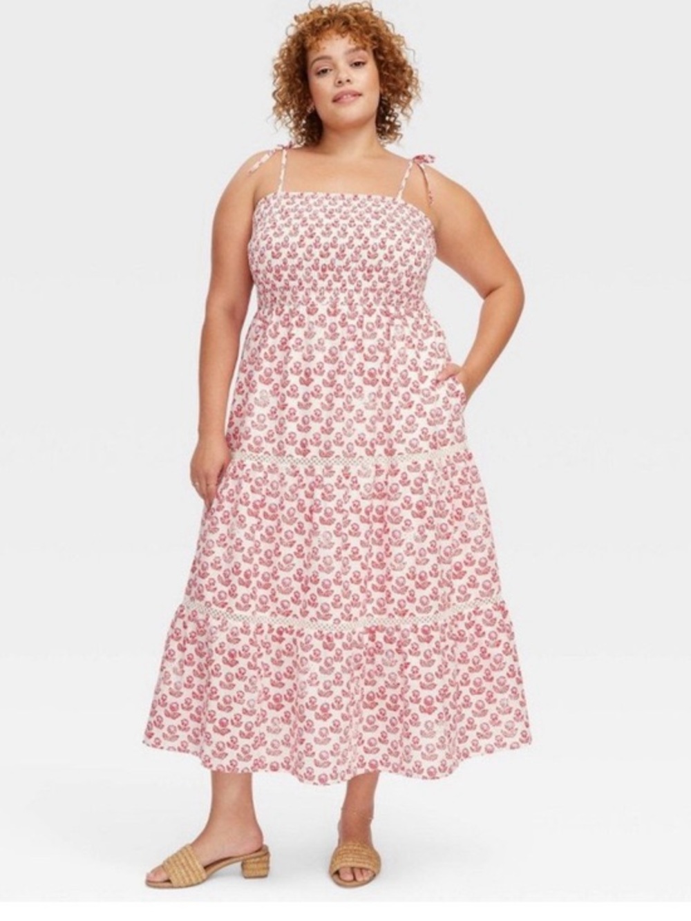 Roller Rabbit x Target Pink Rose-Print Smocked Tiered Maxi Dress with Ties